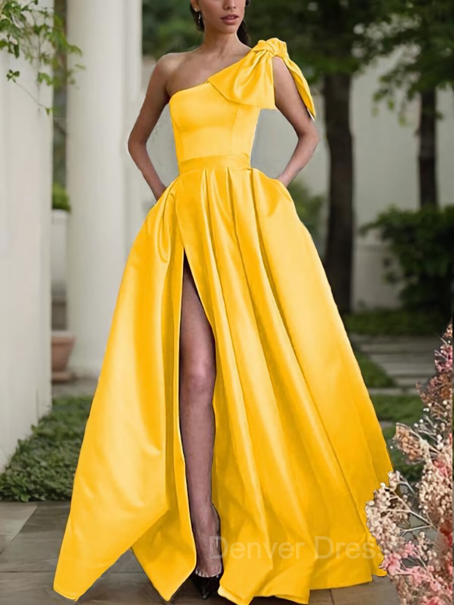 Formal Dress Stores, A-Line/Princess One-Shoulder Sweep Train Satin Prom Dresses With Leg Slit