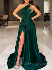 Prom Look, A-Line/Princess One-Shoulder Sweep Train Silk like Satin Prom Dresses With Leg Slit