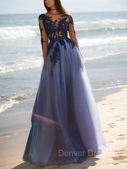 Homecoming Dress Shop, A-Line/Princess Scoop Floor-Length Tulle Evening Dresses With Appliques Lace