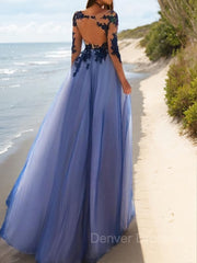 Homecoming Dresses Shop, A-Line/Princess Scoop Floor-Length Tulle Evening Dresses With Appliques Lace