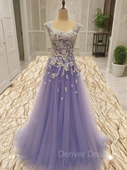 Party Dress For Girls, A-Line/Princess Scoop Floor-Length Tulle Evening Dresses With Appliques Lace