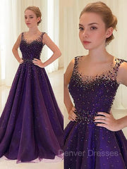 Party Dress Formal, A-Line/Princess Scoop Floor-Length Tulle Prom Dresses With Beading