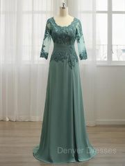 Evening Dress Sale, A-Line/Princess Scoop Sweep Train Chiffon Mother of the Bride Dresses With Appliques Lace