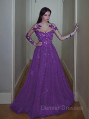 Party Dresses Ladies, A-Line/Princess Scoop Sweep Train Tulle Prom Dresses With Appliques Lace