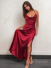 Homecoming Dress Red, A-Line/Princess Spaghetti Straps Floor-Length NS Elastic Woven Satin Prom Dresses With Leg Slit