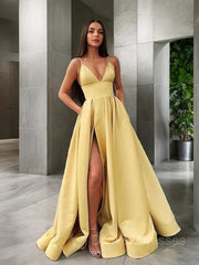 Party Dress Code, A-Line/Princess Spaghetti Straps Floor-Length Satin Prom Dresses With Leg Slit