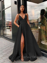 Party Dress Designer, A-Line/Princess Spaghetti Straps Floor-Length Satin Prom Dresses With Leg Slit