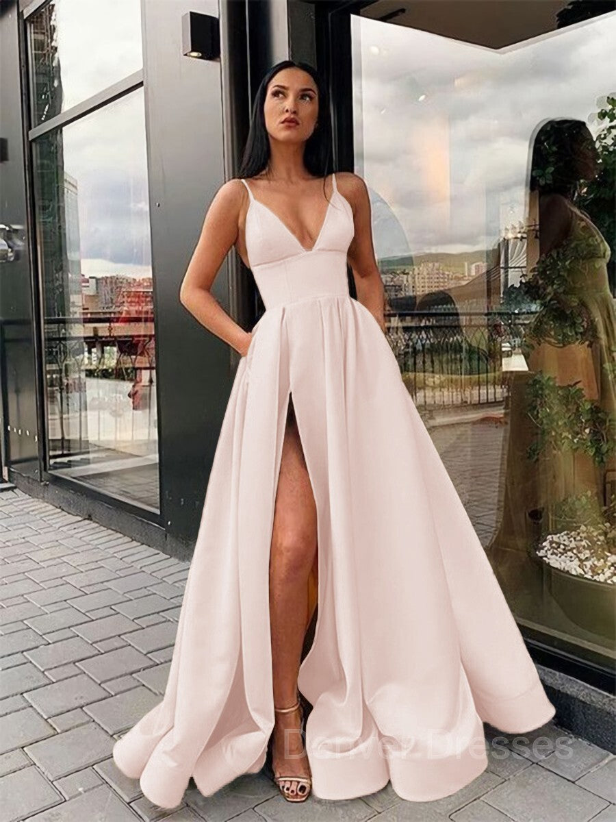 Party Dresses Design, A-Line/Princess Spaghetti Straps Floor-Length Satin Prom Dresses With Leg Slit