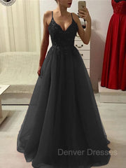 Elegant Prom Dress, A-Line/Princess Spaghetti Straps Floor-Length Tulle Prom Dresses With Appliques Lace
