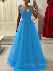 Prom Dress Long, A-Line/Princess Spaghetti Straps Floor-Length Tulle Prom Dresses With Appliques Lace
