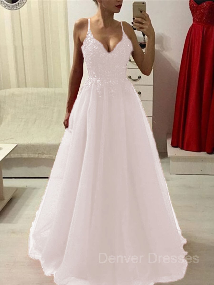 Wedding Shoes Bride, A-Line/Princess Spaghetti Straps Floor-Length Tulle Prom Dresses With Appliques Lace