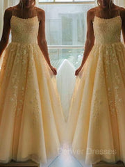 Prom Dress Princesses, A-Line/Princess Spaghetti Straps Floor-Length Tulle Prom Dresses With Appliques Lace
