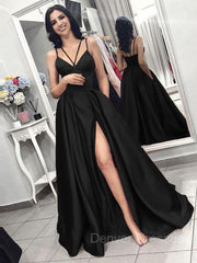 Bridesmaid Dresses Under 118, A-Line/Princess Spaghetti Straps Sweep Train Satin Evening Dresses With Pockets