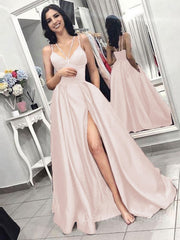 Bridesmaid Dresses Affordable, A-Line/Princess Spaghetti Straps Sweep Train Satin Evening Dresses With Pockets