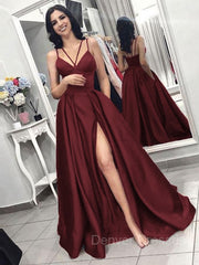 Bridesmaid Dress Online, A-Line/Princess Spaghetti Straps Sweep Train Satin Evening Dresses With Pockets