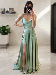 Formal Dresses Summer, A-Line/Princess Spaghetti Straps Sweep Train Silk like Satin Prom Dresses With Leg Slit