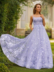 Flower Girl, A-Line/Princess Spaghetti Straps Sweep Train Tulle Prom Dresses With Appliques Lace