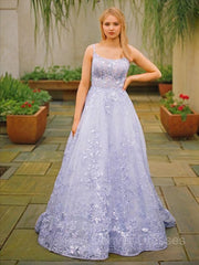 Bride Dress, A-Line/Princess Spaghetti Straps Sweep Train Tulle Prom Dresses With Appliques Lace