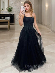 Bridesmaids Dresses Colors, A-Line/Princess Spaghetti Straps Sweep Train Tulle Prom Dresses With Appliques Lace