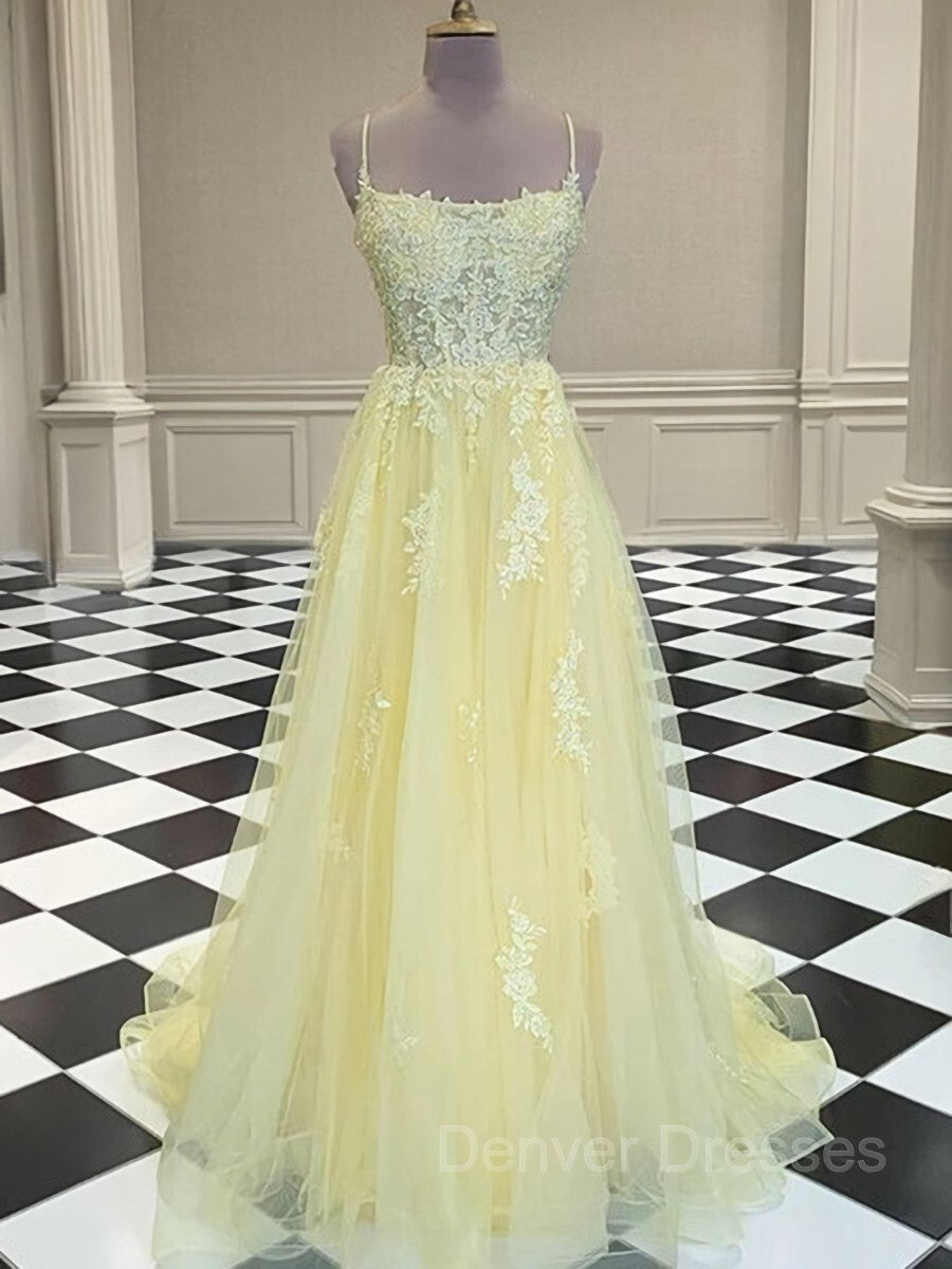 Formal Dress Wedding, A-Line/Princess Spaghetti Straps Sweep Train Tulle Prom Dresses With Appliques Lace