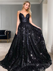 Prom Dresses 2040 Fashion Outfits, A-Line/Princess V-neck Floor-Length Sequins Prom Dresses