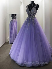 Prom Dresses For 29 Year Olds, A-Line/Princess V-neck Floor-Length Tulle Evening Dresses With Beading