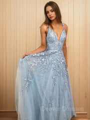 Fashion Dress, A-Line/Princess V-neck Floor-Length Tulle Prom Dresses