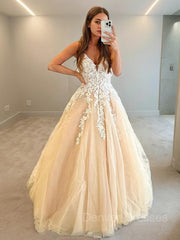 Bridesmaid Dresses Fall Color, A-Line/Princess V-neck Floor-Length Tulle Prom Dresses With Appliques Lace