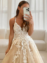 Bridesmaid Dresses Orange, A-Line/Princess V-neck Floor-Length Tulle Prom Dresses With Appliques Lace