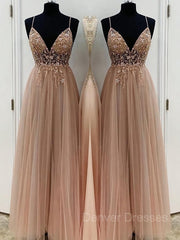 Prom Dress For Kids, A-Line/Princess V-neck Floor-Length Tulle Prom Dresses With Beading