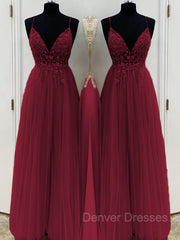 Vintage Dress, A-Line/Princess V-neck Floor-Length Tulle Prom Dresses With Beading