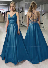 114 Prom Dress, A-line/Princess V Neck Sleeveless Satin Long/Floor-Length Prom Dress