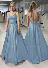 Wedding Guest Dress Summer, A-line/Princess V Neck Sleeveless Satin Long/Floor-Length Prom Dress