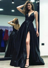 Prom Dress Brands, A-line/Princess V Neck Sleeveless Sweep Train Satin Prom Dress With Split