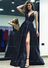 Prom Dresses For 045, A-line/Princess V Neck Sleeveless Sweep Train Satin Prom Dress With Split
