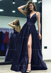 Prom Dress Styles, A-line/Princess V Neck Sleeveless Sweep Train Satin Prom Dress With Split