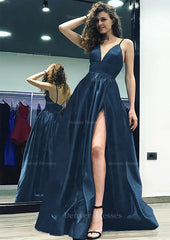 Prom Dresses Style, A-line/Princess V Neck Sleeveless Sweep Train Satin Prom Dress With Split