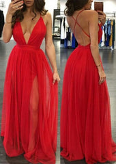 Bridesmaid Dress Websites, A-line/Princess V Neck Sleeveless Sweep Train Tulle Prom Dress