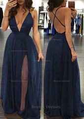 Bridesmaid Dress Website, A-line/Princess V Neck Sleeveless Sweep Train Tulle Prom Dress