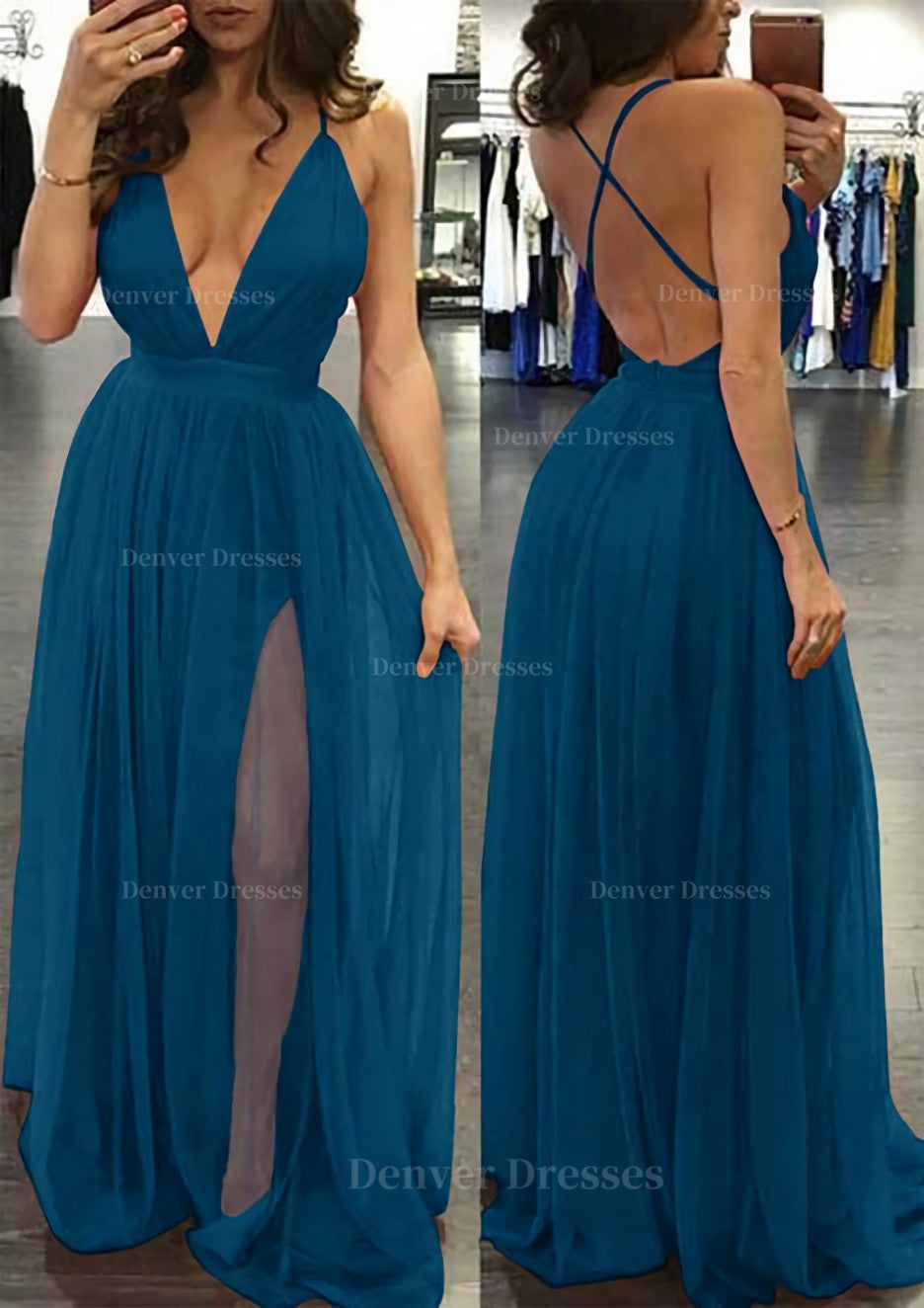 Bridesmaid Dresses In Store, A-line/Princess V Neck Sleeveless Sweep Train Tulle Prom Dress