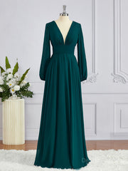 Formal Wedding Guest Dress, A-Line/Princess V-neck Sweep Train Chiffon Bridesmaid Dresses