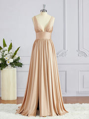 Cocktail Party Outfit, A-Line/Princess V-neck Sweep Train Jersey Bridesmaid Dresses with Leg Slit