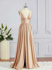 Classy Gown, A-Line/Princess V-neck Sweep Train Jersey Bridesmaid Dresses with Leg Slit