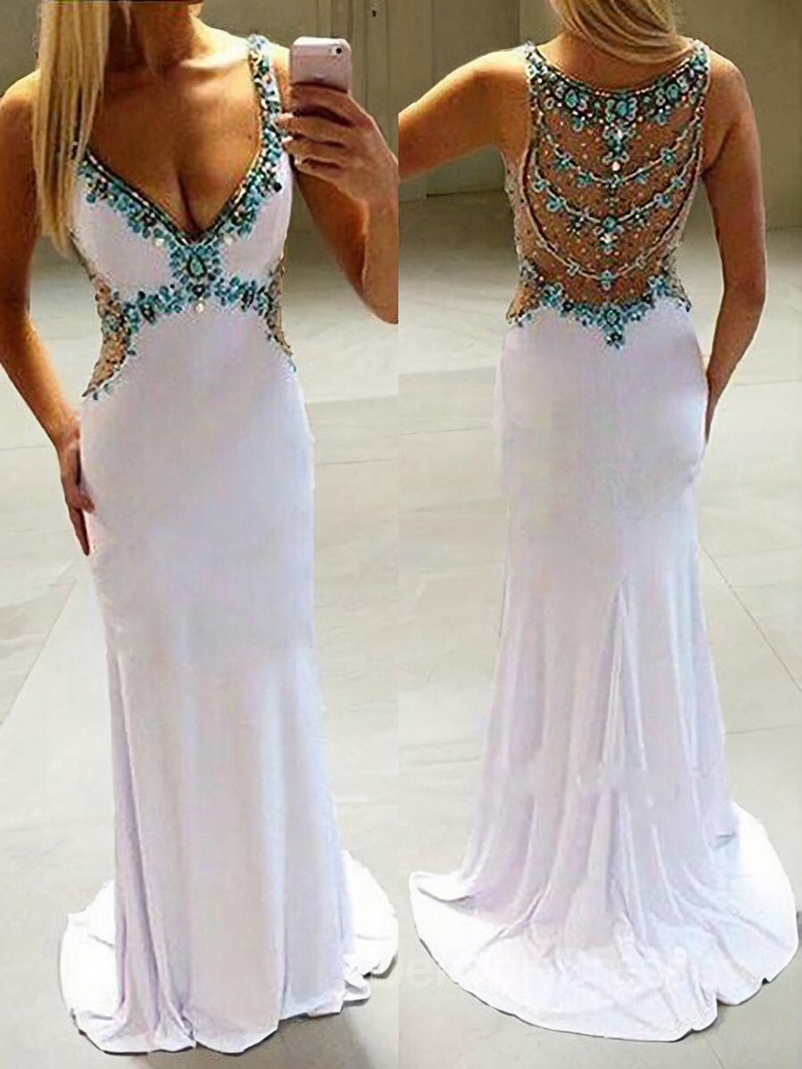 Party Dress Quick, A-Line/Princess V-neck Sweep Train Jersey Prom Dresses With Rhinestone