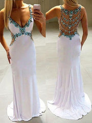 Party Dress Quick, A-Line/Princess V-neck Sweep Train Jersey Prom Dresses With Rhinestone