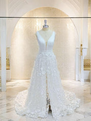 Wedding Dresses Custom, A-Line/Princess V-neck Sweep Train Stretch Crepe Wedding Dresses With Leg Slit