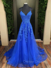 Prom Dresses Fitting, A-Line/Princess V-neck Sweep Train Tulle Evening Dresses With Appliques Lace