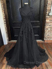 Prom Dress Long Formal Evening Gown, A-Line/Princess V-neck Sweep Train Tulle Evening Dresses With Appliques Lace