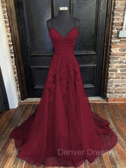 Prom Dresses Prom Dressprom Dress Prom Dresses, A-Line/Princess V-neck Sweep Train Tulle Evening Dresses With Appliques Lace