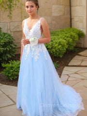 Prom Dresses2034, A-Line/Princess V-neck Sweep Train Tulle Prom Dresses With Appliques Lace